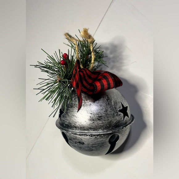 Jumbo Metal Silver Jingle Bell Christmas Ornament w Greenery Berries Pine Cones - Picture 3 of 7